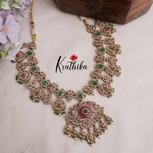 Grand Polki Kundan Bridal Necklace Set with Green and Pearls Beads NC2080