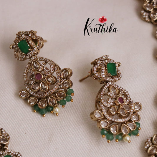 Grand Polki Kundan Bridal Necklace Set with Green and Pearls Beads NC2080