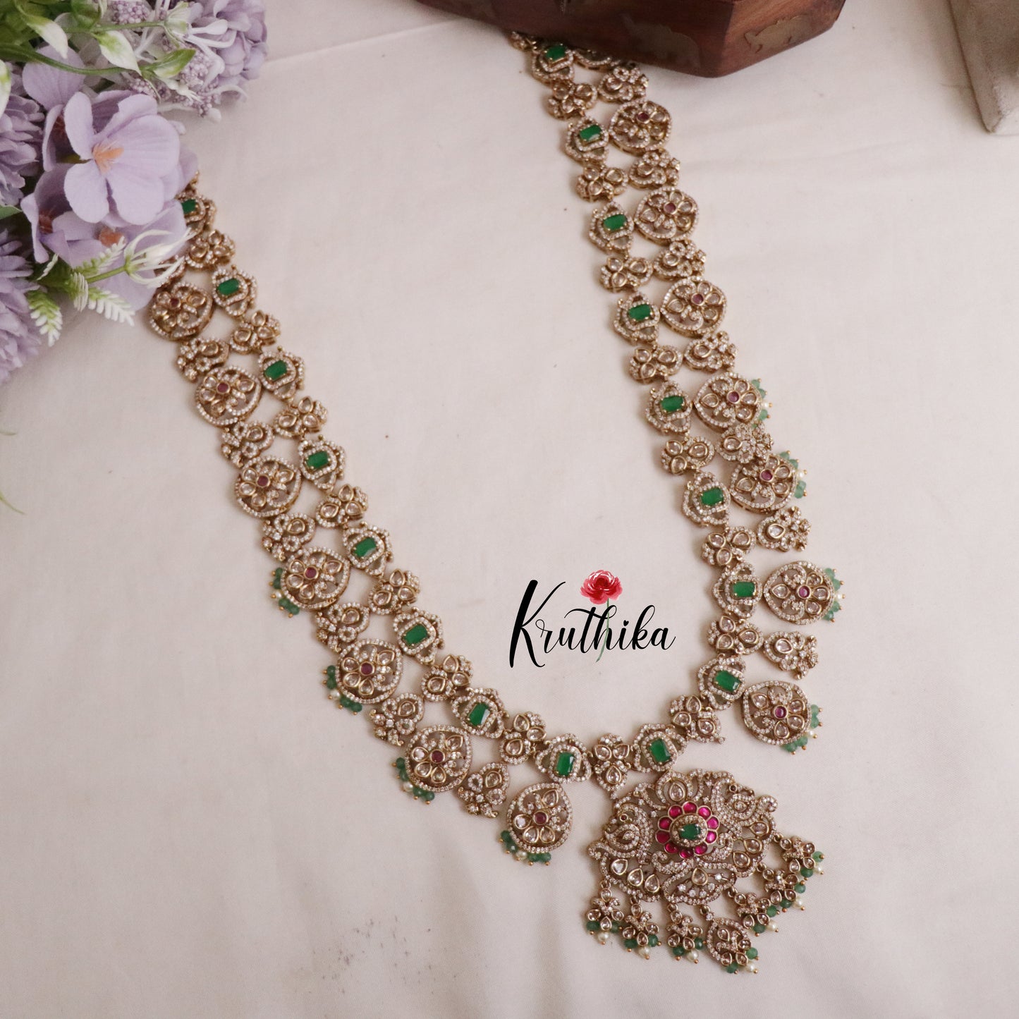 Grand Polki Kundan Bridal Haaram Set with Green and Pearls Beads LH1912