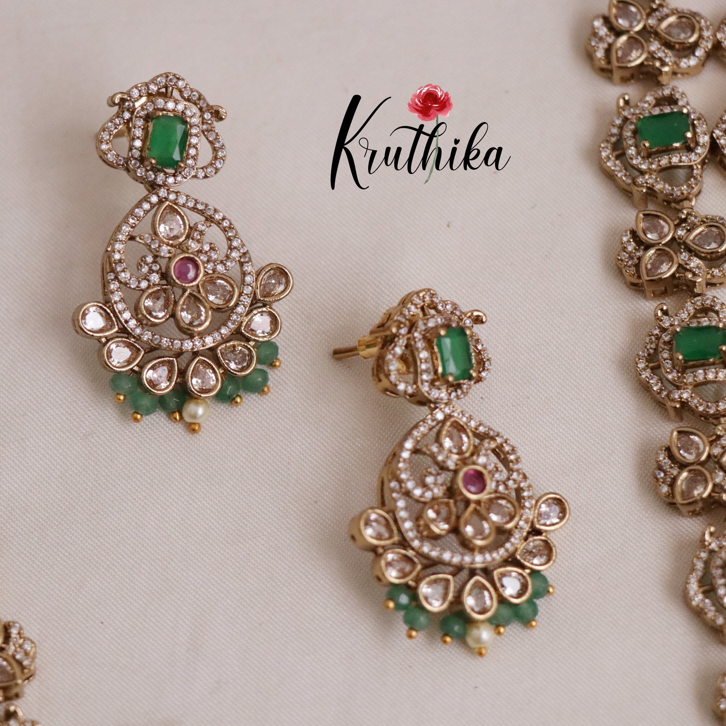 Grand Polki Kundan Bridal Haaram Set with Green and Pearls Beads LH1912