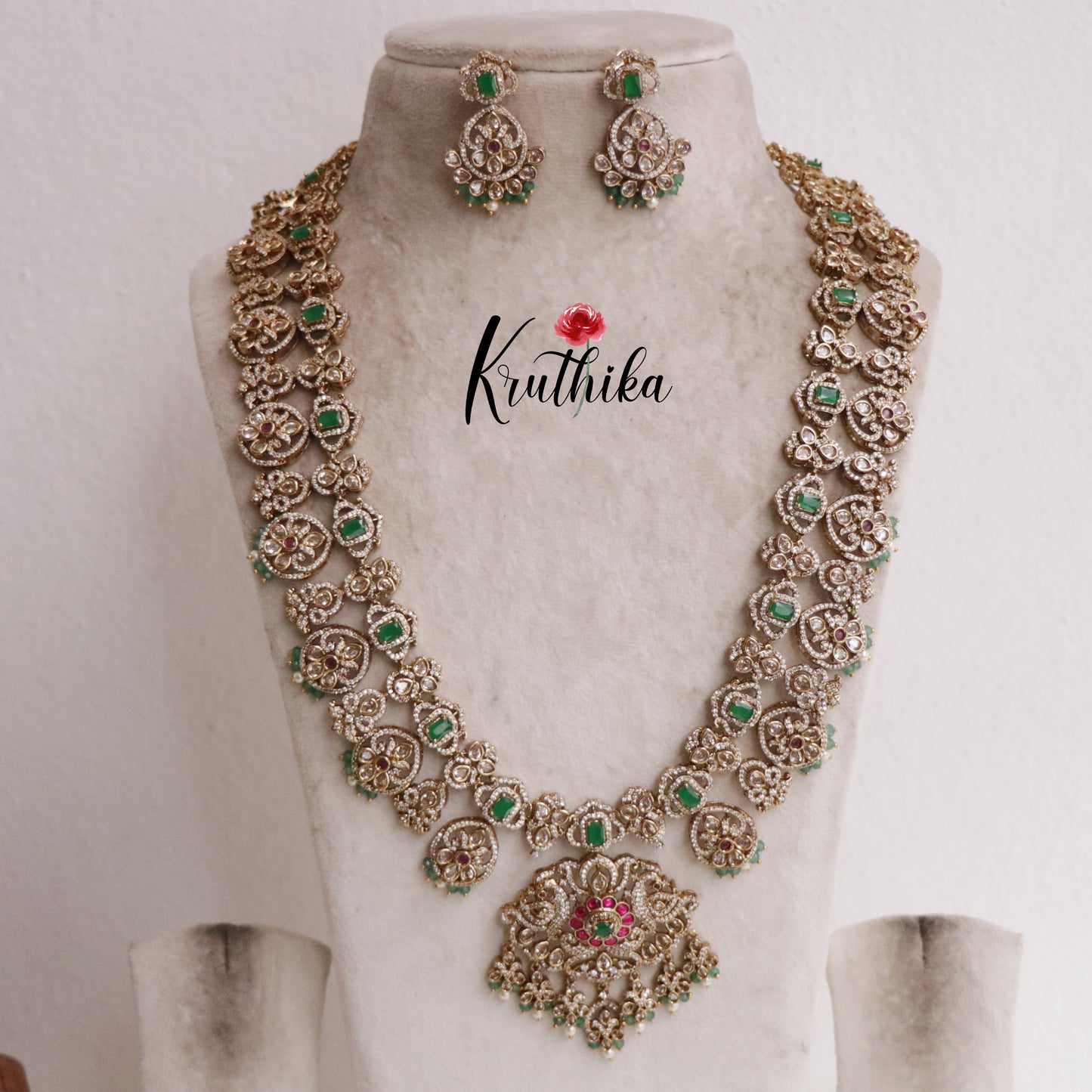Grand Polki Kundan Bridal Haaram Set with Green and Pearls Beads LH1912