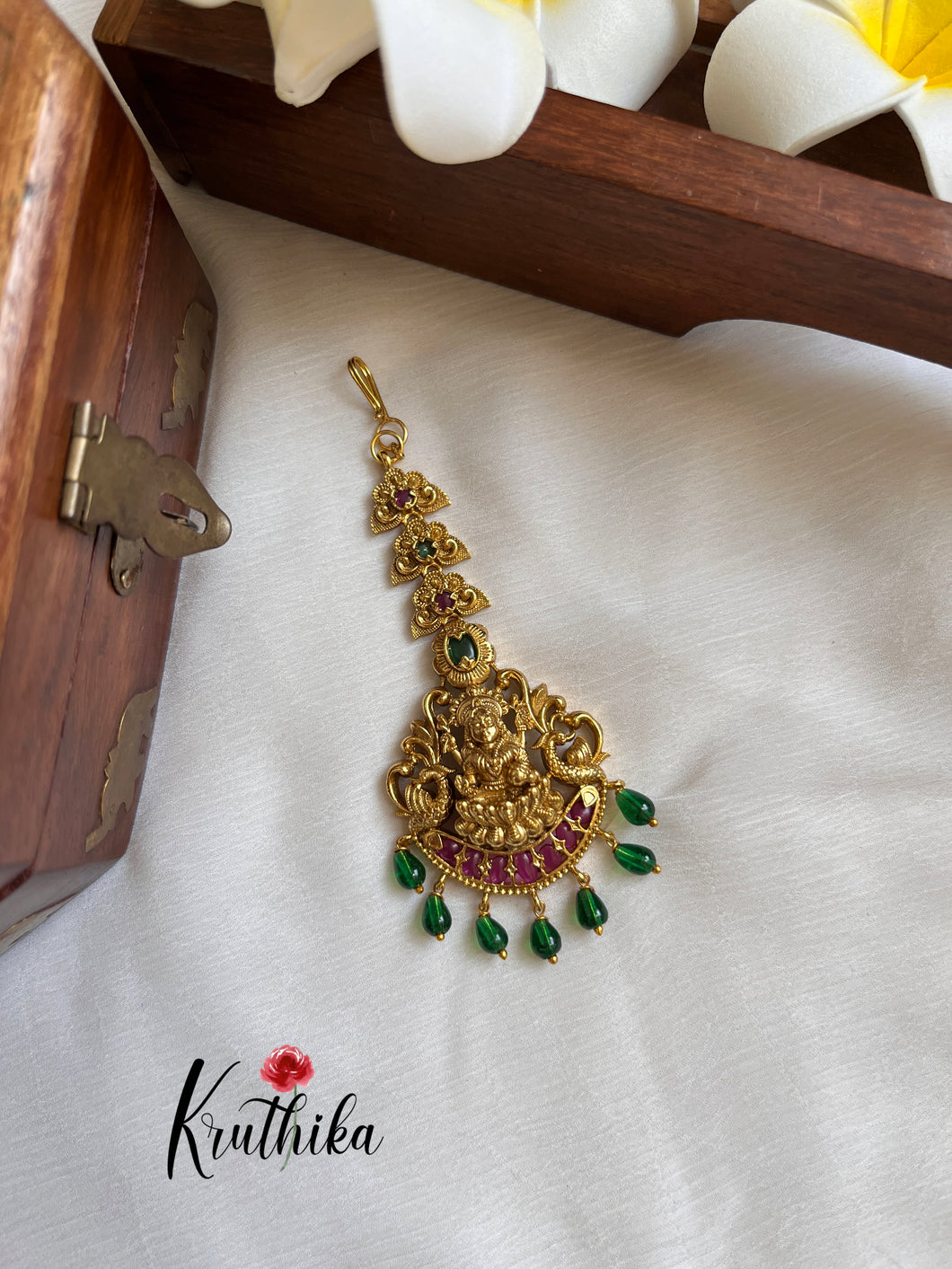 Lakshmi Peacock Maang Tika with Green Beads MT139