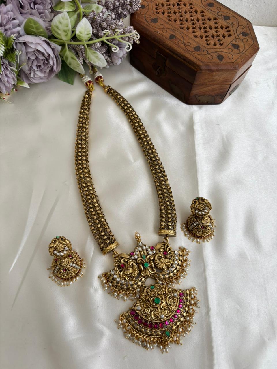 Gorgeous Antique Peacock Motifs Jadau Haaram With Pearl Drops LH2215