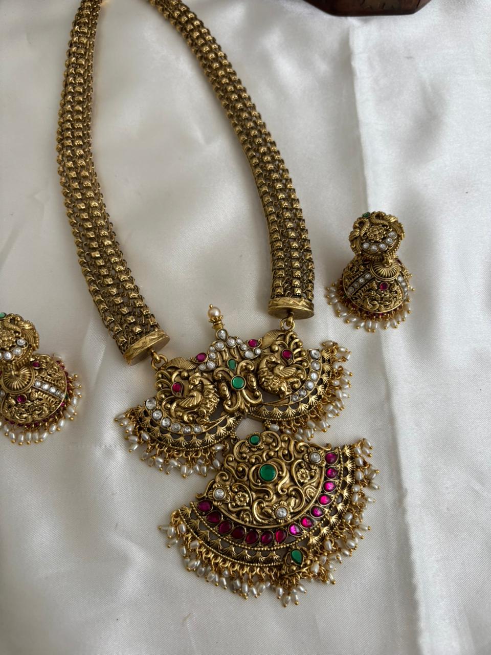 Gorgeous Antique Peacock Motifs Jadau Haaram With Pearl Drops LH2215