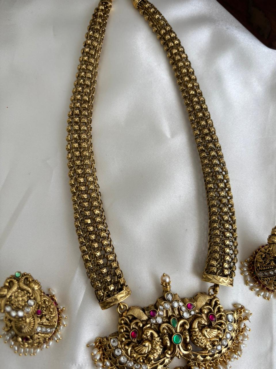 Gorgeous Antique Peacock Motifs Jadau Haaram With Pearl Drops LH2215