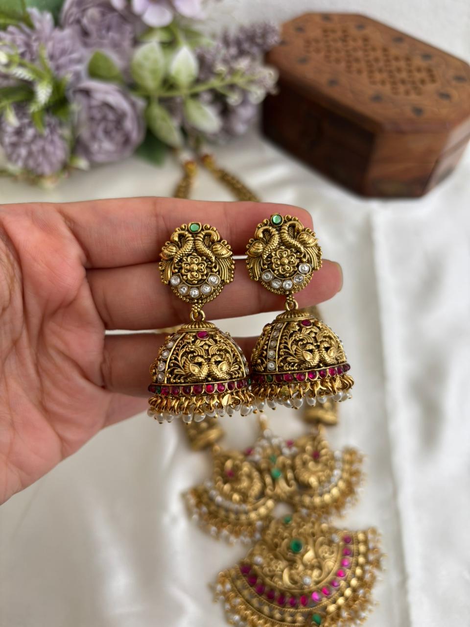 Gorgeous Antique Peacock Motifs Jadau Haaram With Pearl Drops LH2215