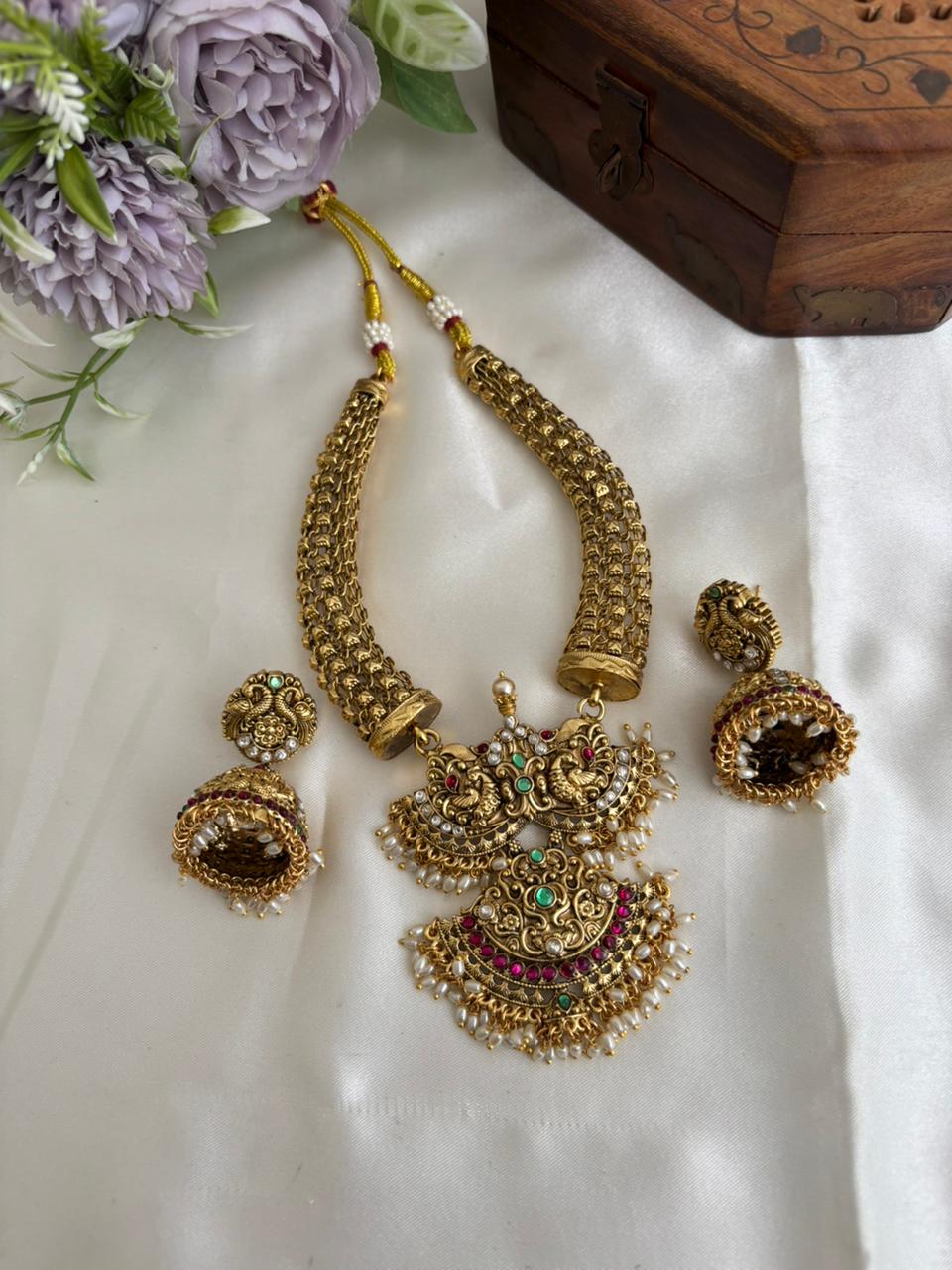 Gorgeous Antique Peacock Motifs Jadau Necklace With Pearl Drops NC3239