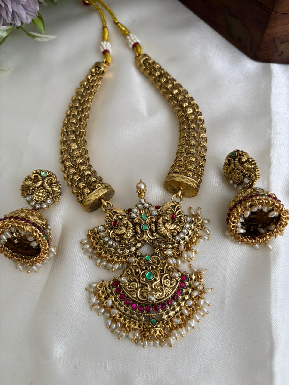 Gorgeous Antique Peacock Motifs Jadau Necklace With Pearl Drops NC3239