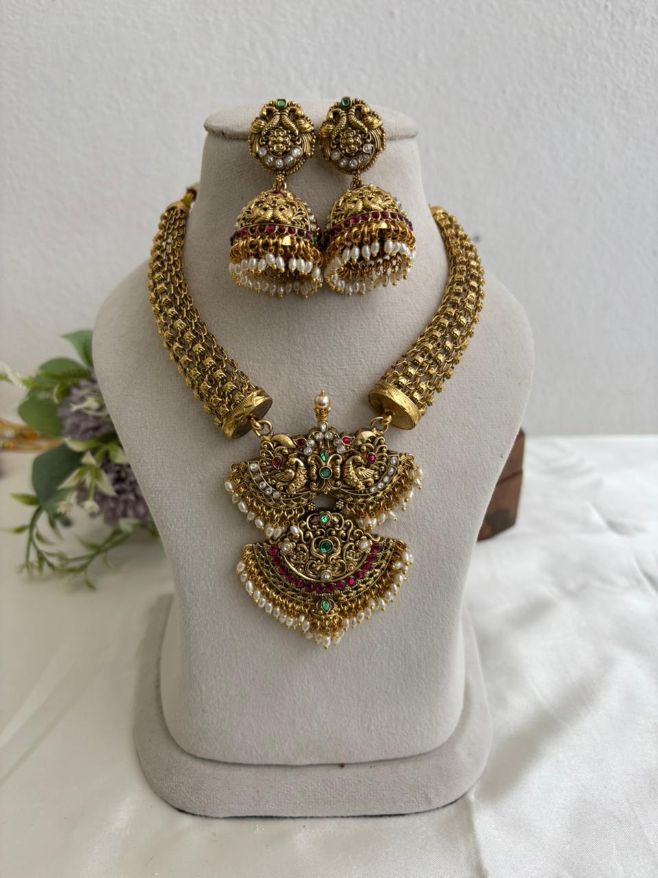 Gorgeous Antique Peacock Motifs Jadau Necklace With Pearl Drops NC3239