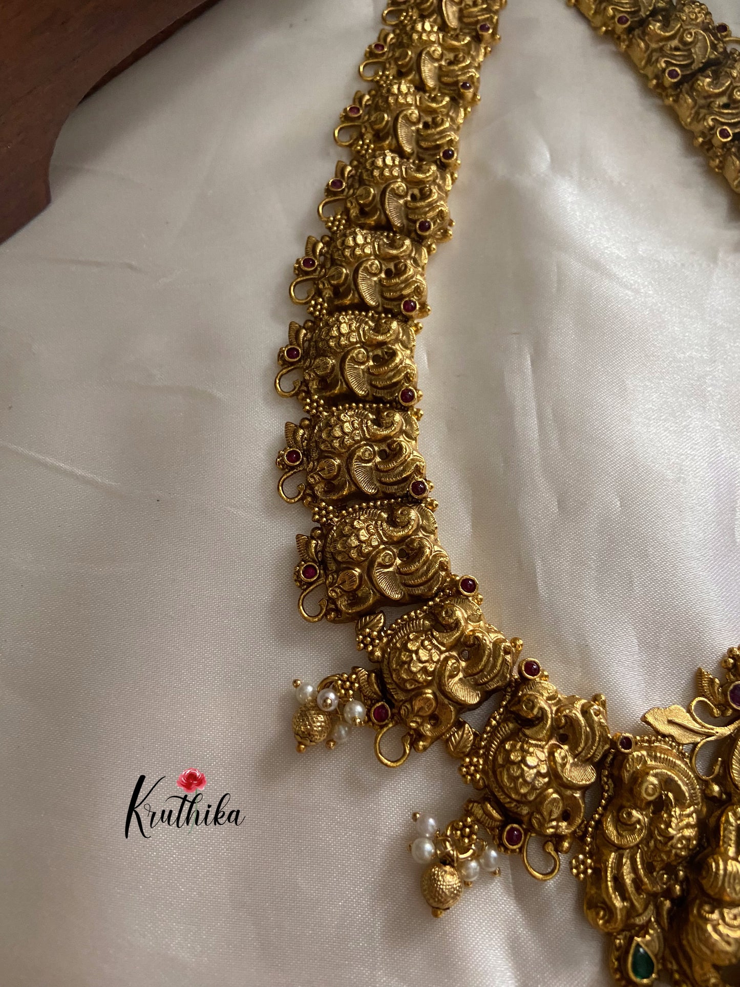 Premium polish Lakshmi Devi peacock green bead drops Haaram LH380