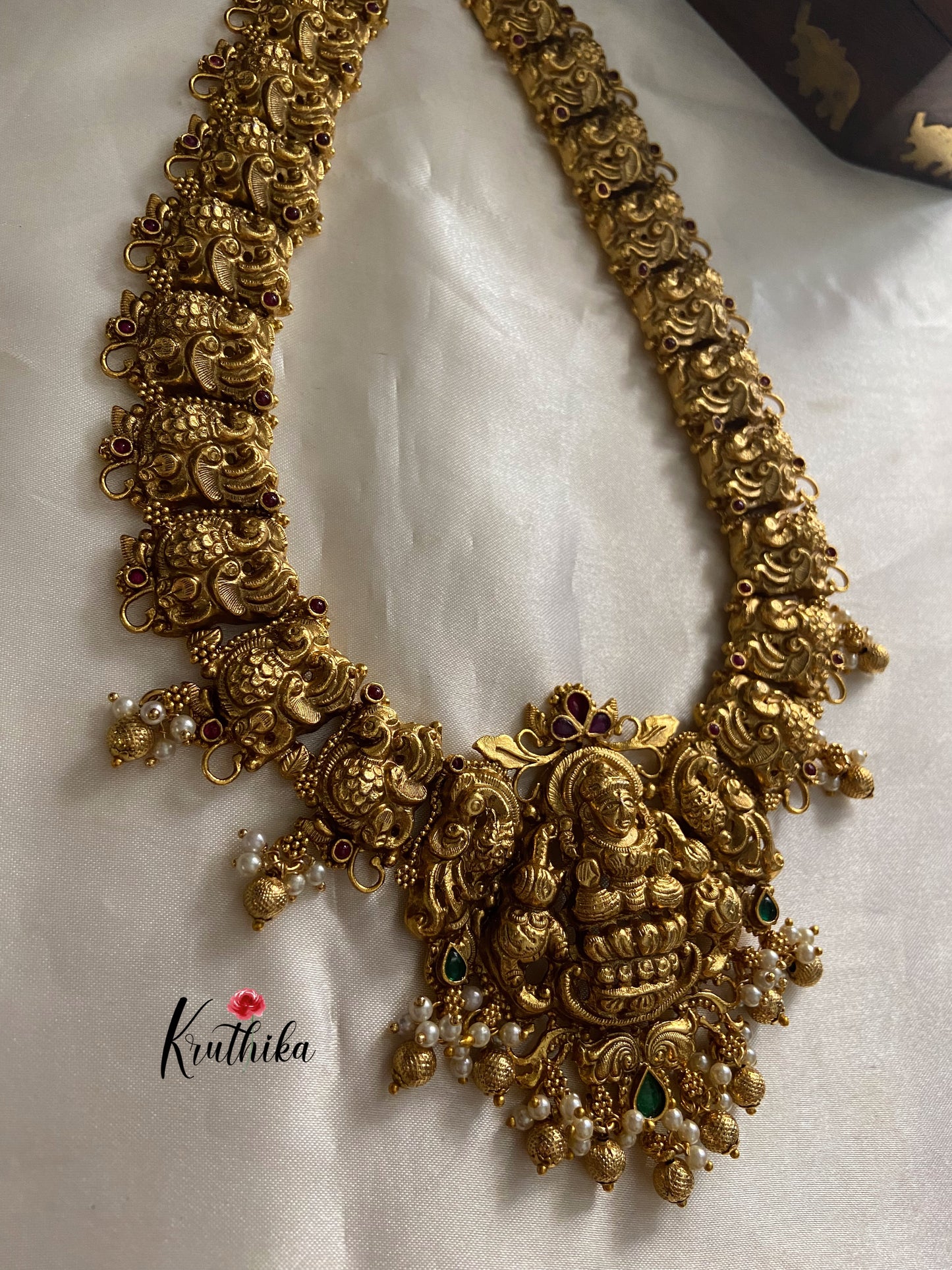 Premium polish Lakshmi Devi peacock green bead drops Haaram LH380