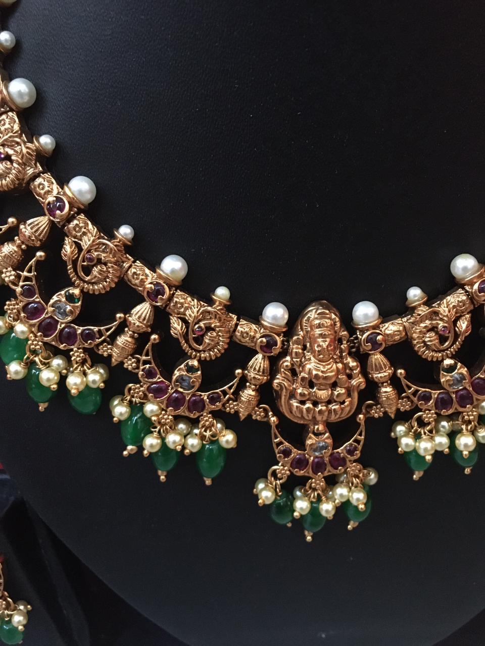 Lakshmi Devi Kemp necklace with green bead drops NC199