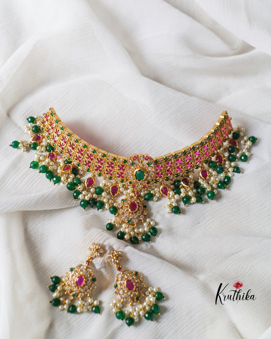 Guttapoosalu choker with green beads NC466