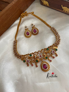Simple peacock cutwork ruby drop choker NC650