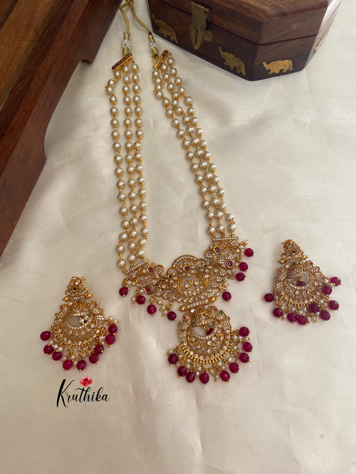 Pearls Haaram with AD peacock pendant Ruby bead drops LH360