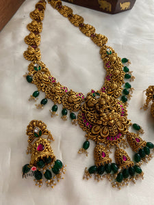 Premium Jadau Lakshmi peacock haaram with green bead drops LH375