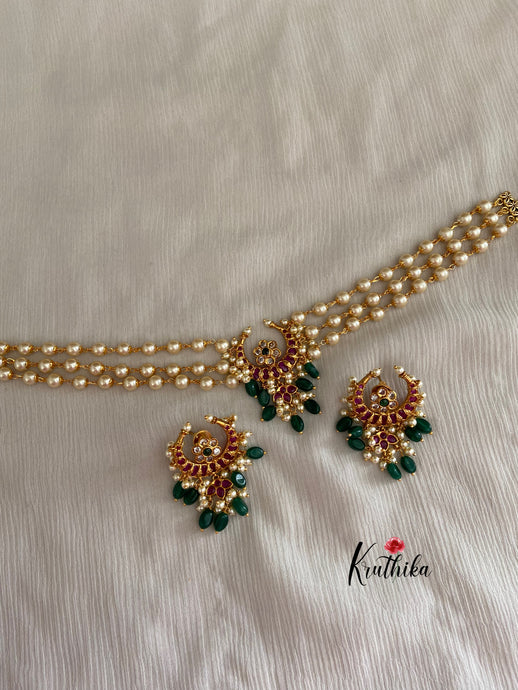 Pearls choker with half moon pendant with bead drops NC462