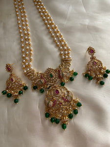 Pearls haaram with cz peacock pendant and green bead drops LH373