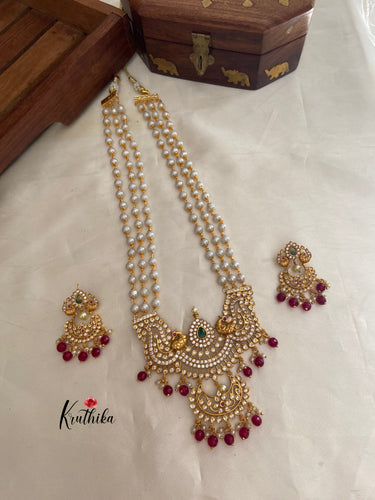 Pearls haaram with AD peacock pendant Ruby bead drops LH359