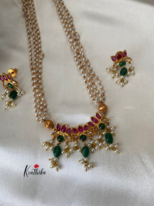 Pearls haaram with lotus Kemp pendant green bead drops LH211