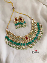 Premium kundan jadau necklace with mint stones & green bead drops  KN16