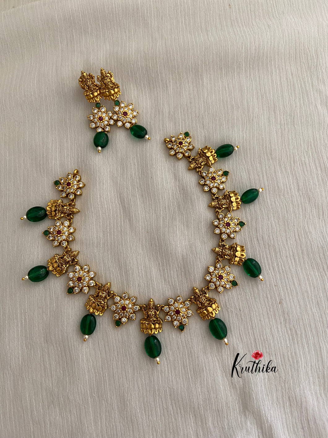Simple antique finish Lakshmi Devi green bead drops NC394
