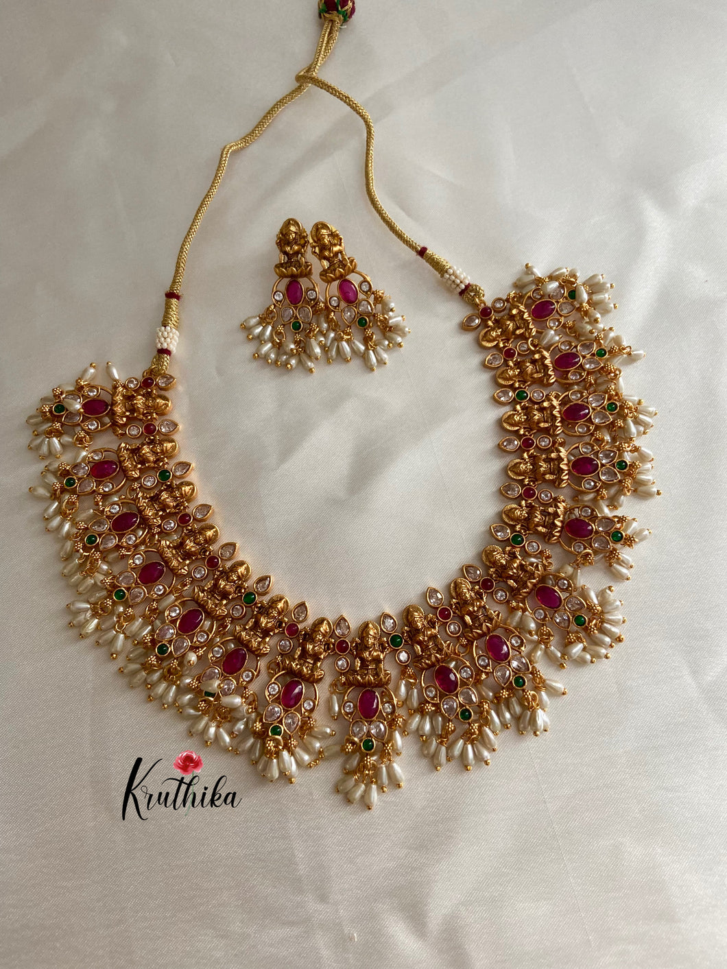 AD Ruby Lakshmi Devi Rice pearls Guttapoosalu NC519 – Kruthika Jewellery