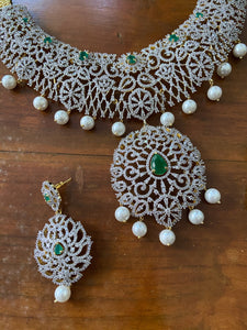Gold like CZ Emerald floral cutwork bridal Necklace NC281