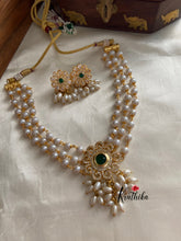 Three lines pearls choker with AD pendant rice pearls drops NC639