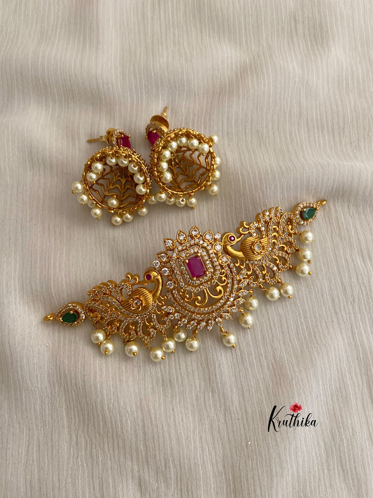 Simple AD peacocks choker set with jhumkas NC370