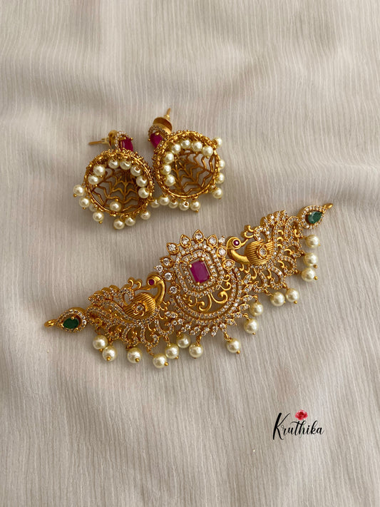 Simple AD peacocks choker set with jhumkas NC370