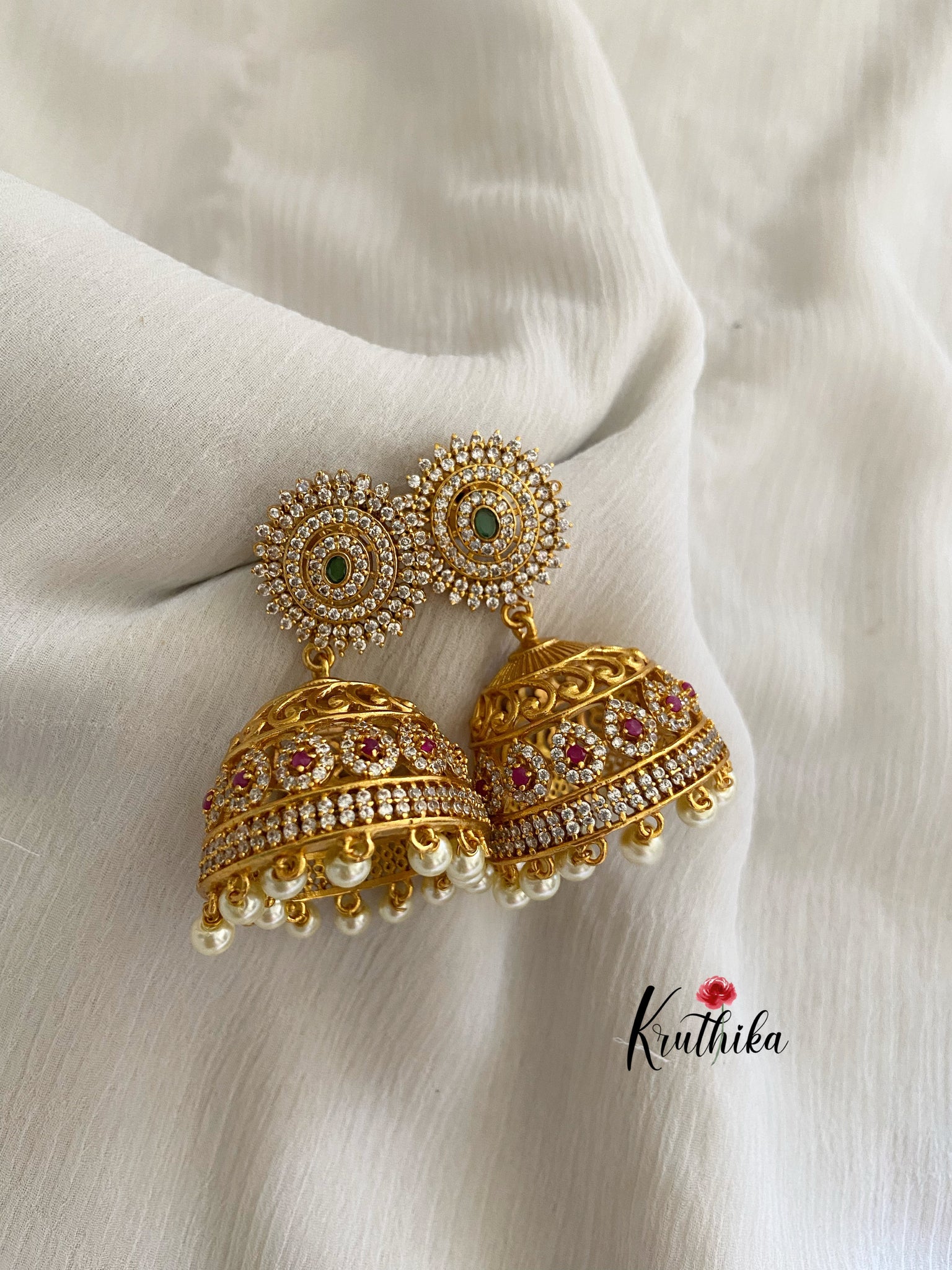 Silver Pink CZ Jhumkas/ CZ Jhumka/ Indian Jewelry/ Pakistani Jewelry/  Indian Wedding Earrings