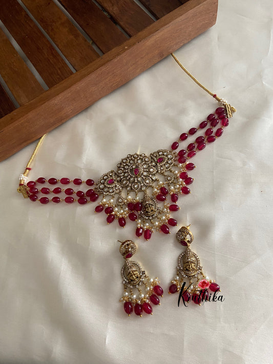 Victorian maroon beads Peacock Goddess choker NC774