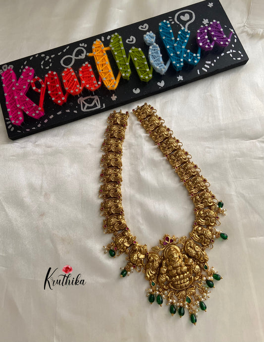 Premium polish Lakshmi Devi peacock green bead drops Haaram LH380