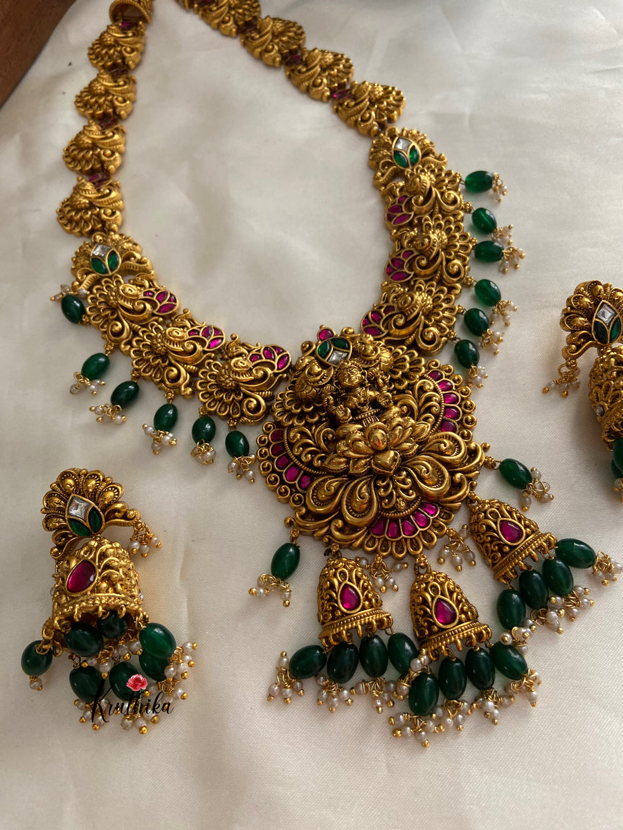 Premium Jadau Lakshmi peacock haaram with green bead drops LH375 ...