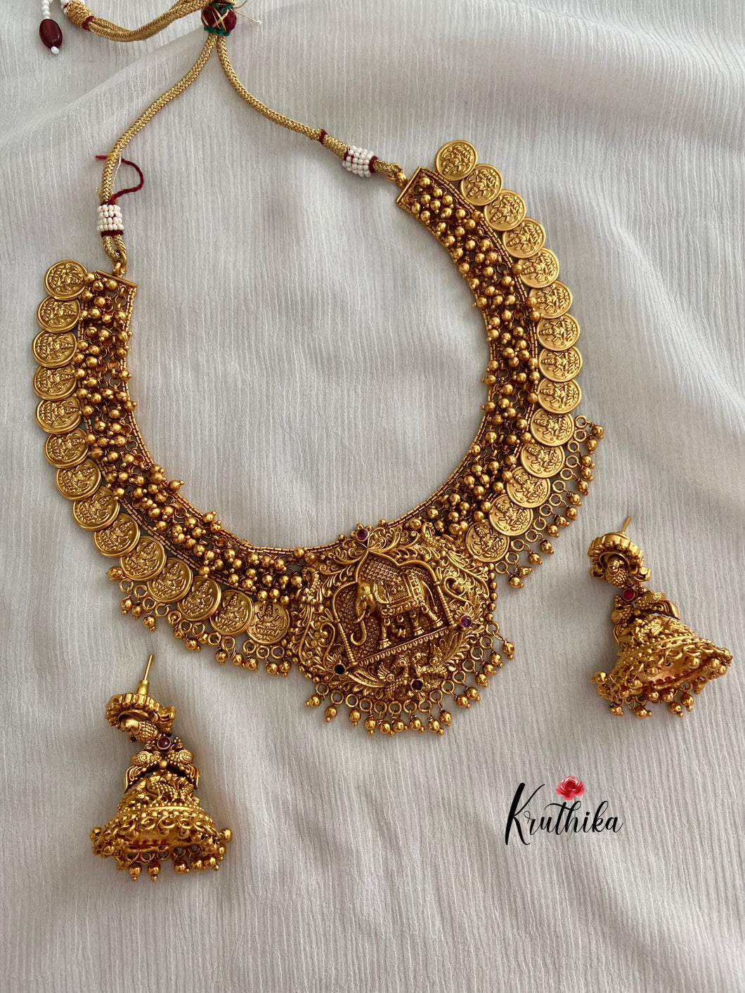 Kasu golden beads necklace with Elephant pendant NC453