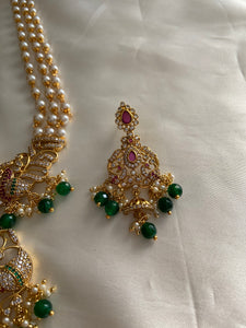 Pearls haaram with cz peacock pendant and green bead drops LH373