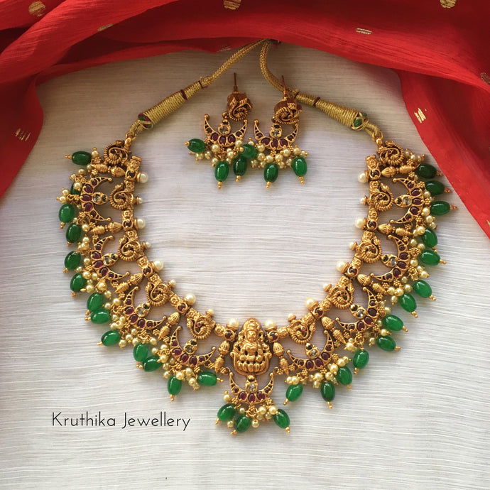 Lakshmi Devi Kemp necklace with green bead drops NC199