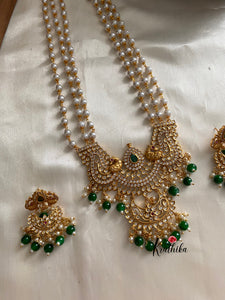 Pearls haaram with AD peacock pendant green bead drops LH313