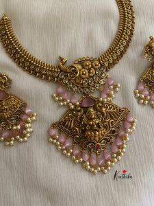 Premium antique finish temple necklace with pink bead drops NC342
