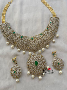 Gold like CZ Emerald floral cutwork bridal Necklace NC281