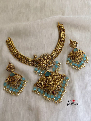 Premium antique finish temple necklace with blue bead drops NC341