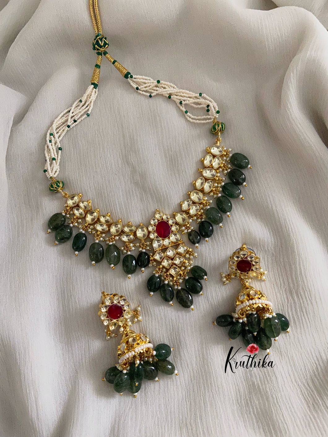 Kundan Jadau Necklace with green bead drops KN15