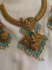 Premium antique finish temple necklace with blue bead drops NC341
