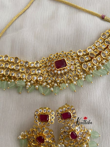 Gold finish CZ ruby choker with pastel bead drops NC422