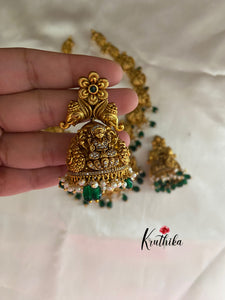 Premium polish Lakshmi peacock necklace with green bead drops NC627