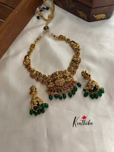 Antique polish Lakshmi Devi green bead drops necklace NC785