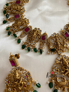 Premium antique polish Ruby Dasavatharam necklace with green bead drops NC217