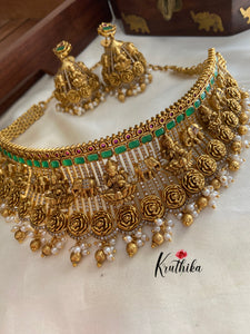 Premium polish Lakshmi Devi elephant & roses motifs bridal choker NC664