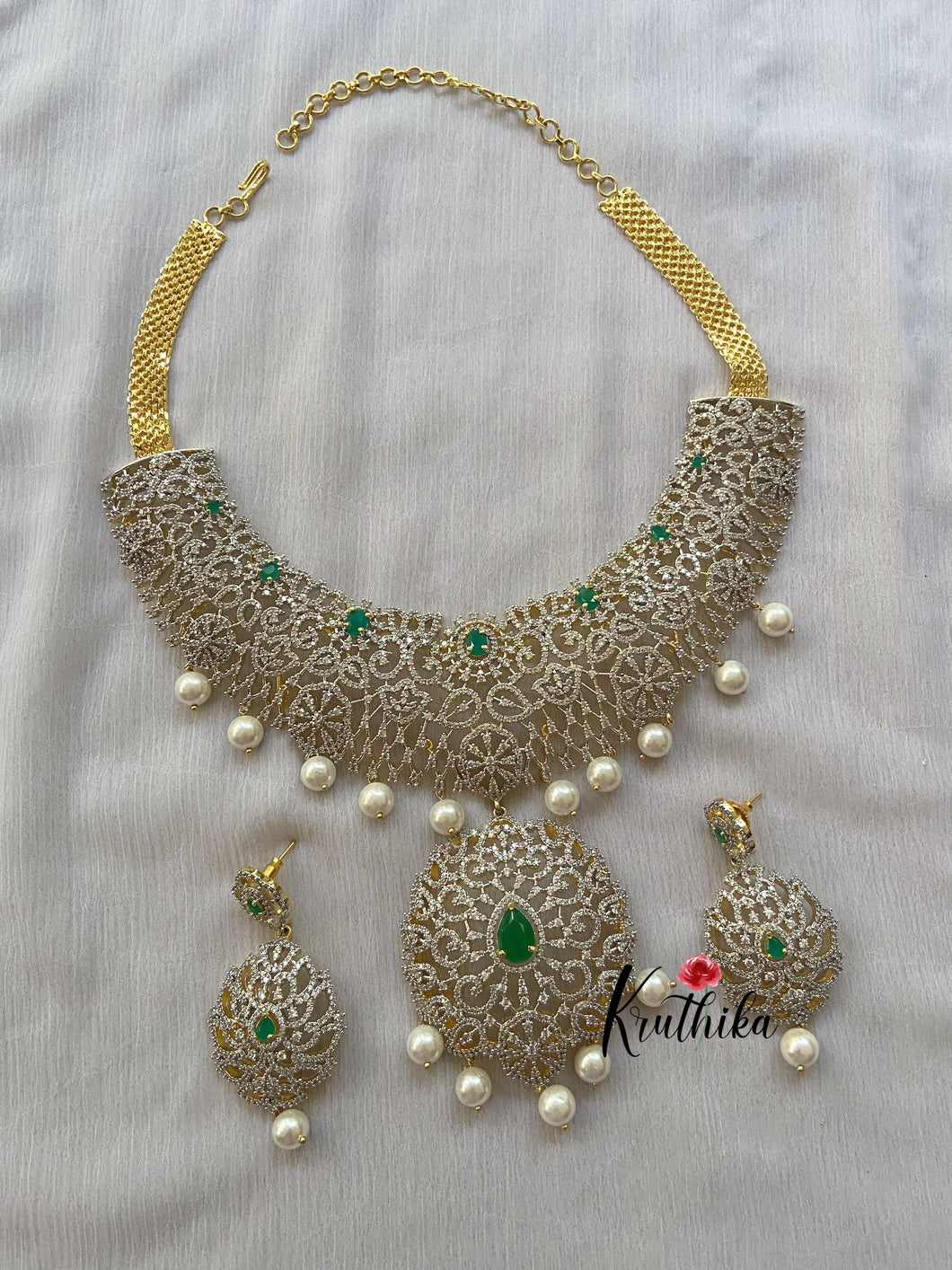 Gold like CZ Emerald floral cutwork bridal Necklace NC281